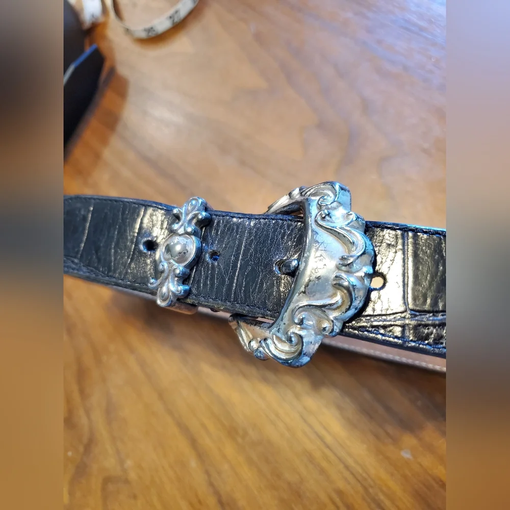 Vintage '93 Brighton Black Leather Belt Ornate Silver Buckle & Conchos Small  28